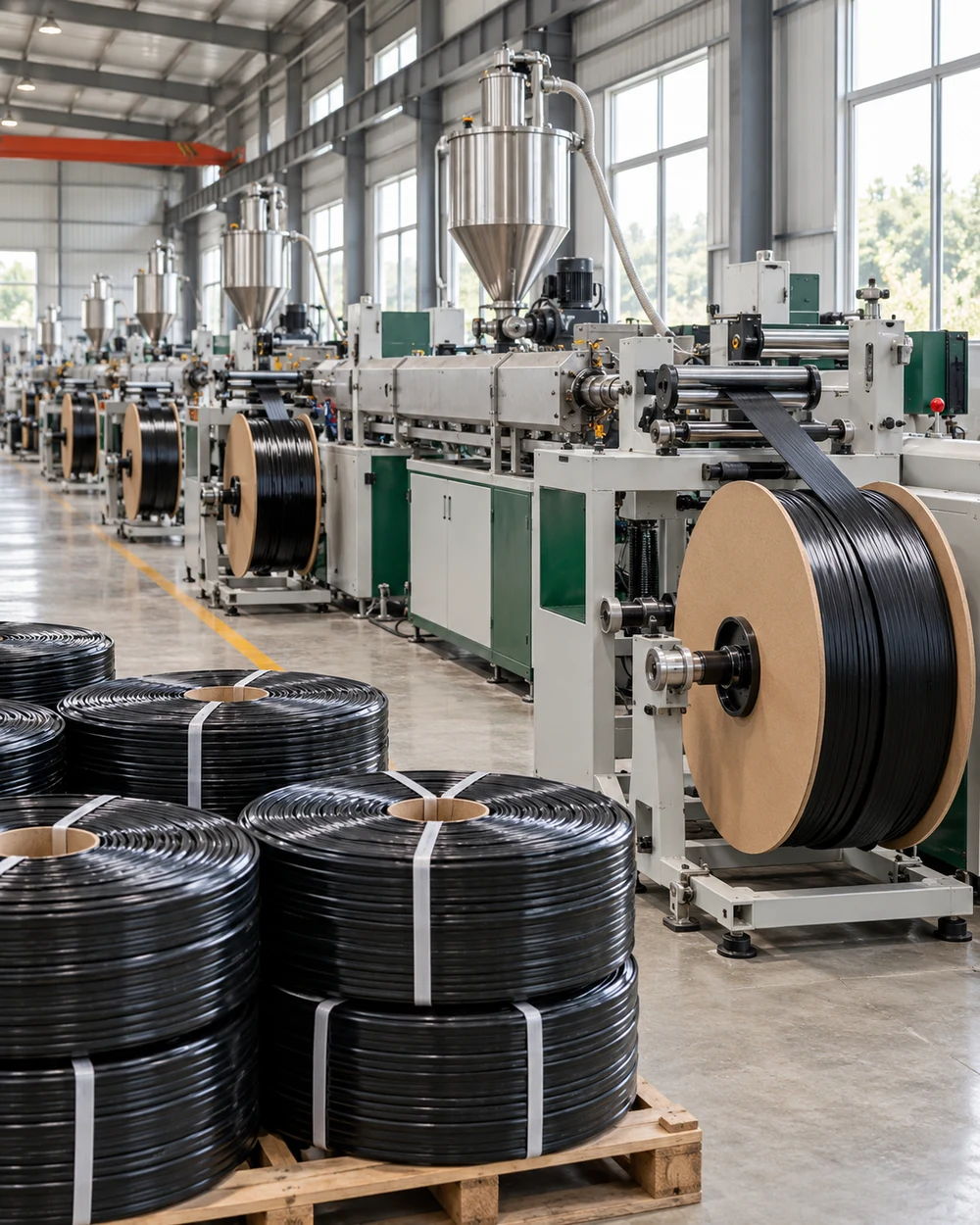 AI illustration of drip tape production equipment and packaged coils