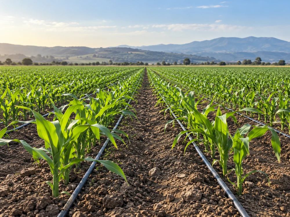 Illustrative corn field with drip irrigation tape along crop rows