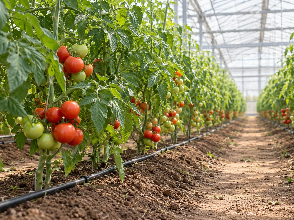 Illustrative tomato greenhouse with drip irrigation at the root zone