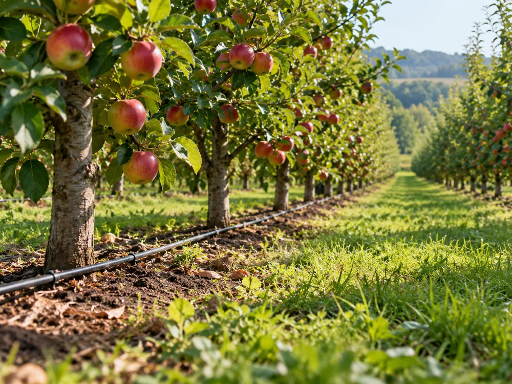 Illustrative apple orchard with irrigation lines beside the trees