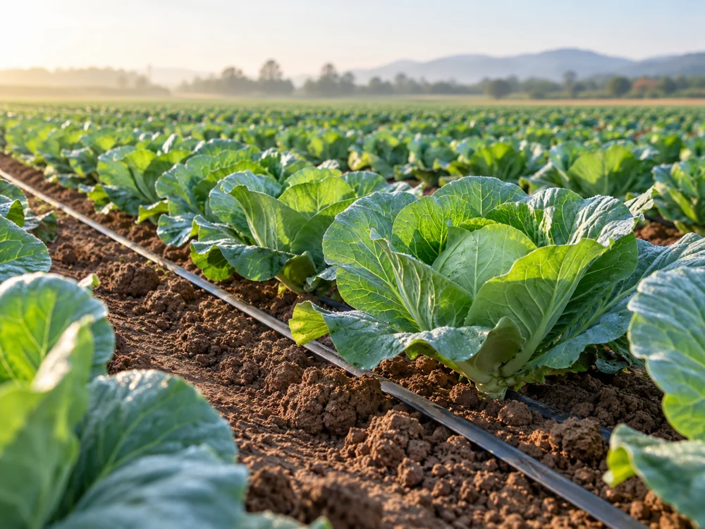Illustrative cabbage field with black drip irrigation tape