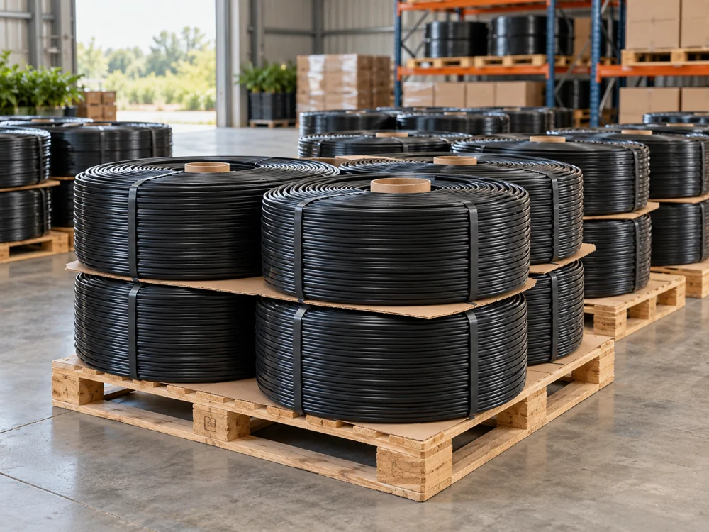 Illustrative finished drip tape coils in a warehouse