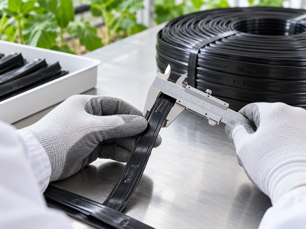 Illustrative inspection of black drip tape with a caliper